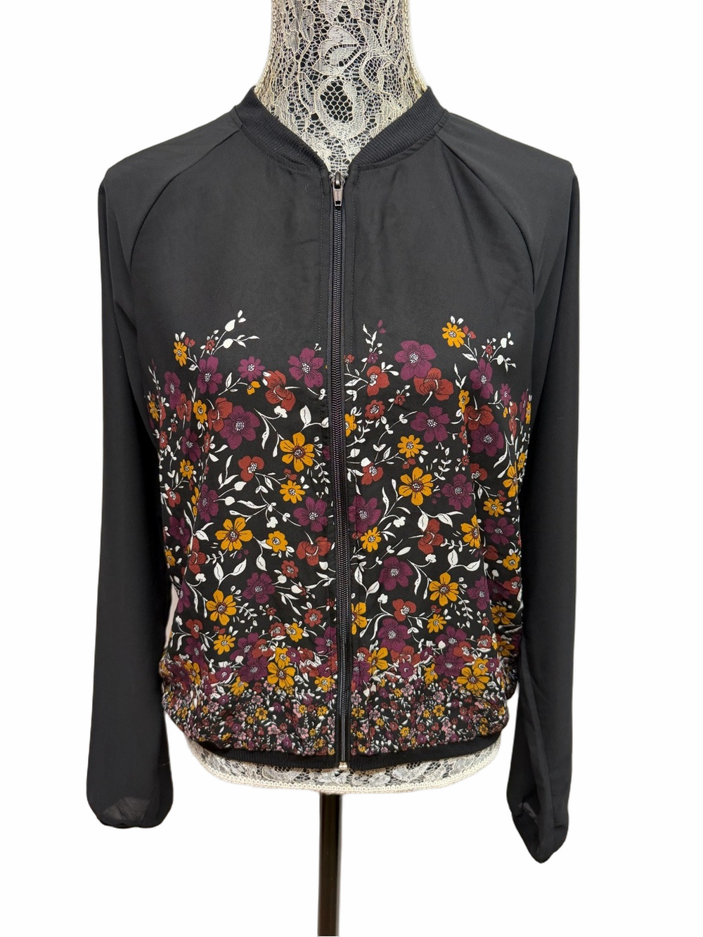 Maurices Women’s L Black Floral Print Zip Front Bomber Jacket Long Sleeve Boho